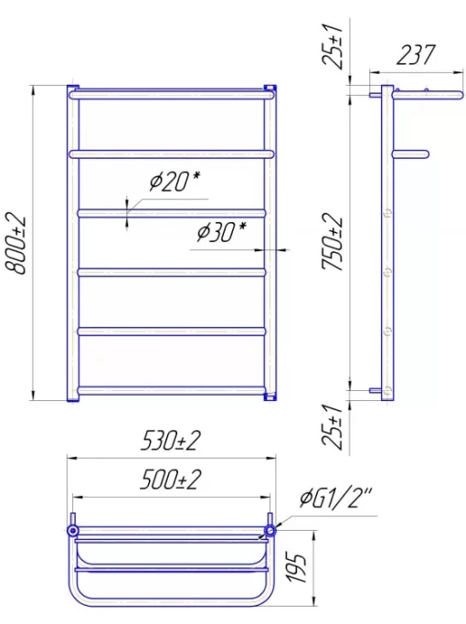 Рушникосушка Mario водяна Hotel, 800x530x500мм, комбі підключення, нерж.сталь, хром