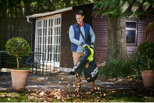 Повітродув-пилосос садовий мережевий Ryobi RBV3000CESV 3000Вт 3в1 375км/год мішок 45л ергоремені Vertebrae 5.1кг