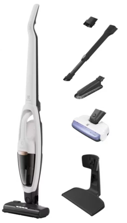 Пилосос Electrolux безпровідний, конт пил -0.3л, автон. робота до 55хв, вага-2.8кг, НЕРА, 2в1, турбо-щітка, BRC, 4 насадки, білий