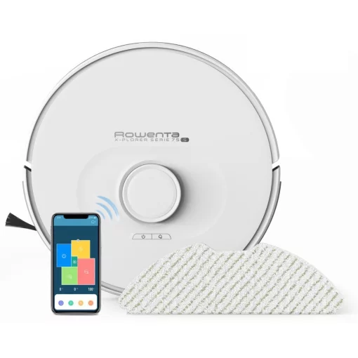 Робот-пилосос Rowenta X-Plorer Serie 75 S, h=9.5см, вологе прибирання, конт пил -0.4л, вода -0.3л, автон. робота до 120хв, НЕРА, управління через смартфон, білий