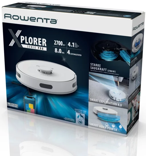 Робот-пилосос Rowenta X-Plorer Serie 75 S, h=9.5см, вологе прибирання, конт пил -0.4л, вода -0.3л, автон. робота до 120хв, НЕРА, управління через смартфон, білий