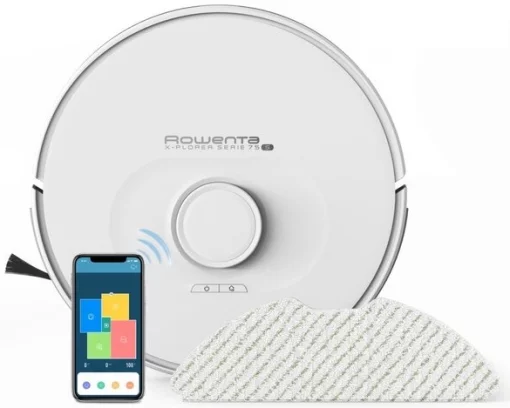 Робот-пилосос Rowenta X-Plorer Serie 75 S, h=9.5см, вологе прибирання, конт пил -0.4л, вода -0.3л, автон. робота до 120хв, НЕРА, управління через смартфон, білий